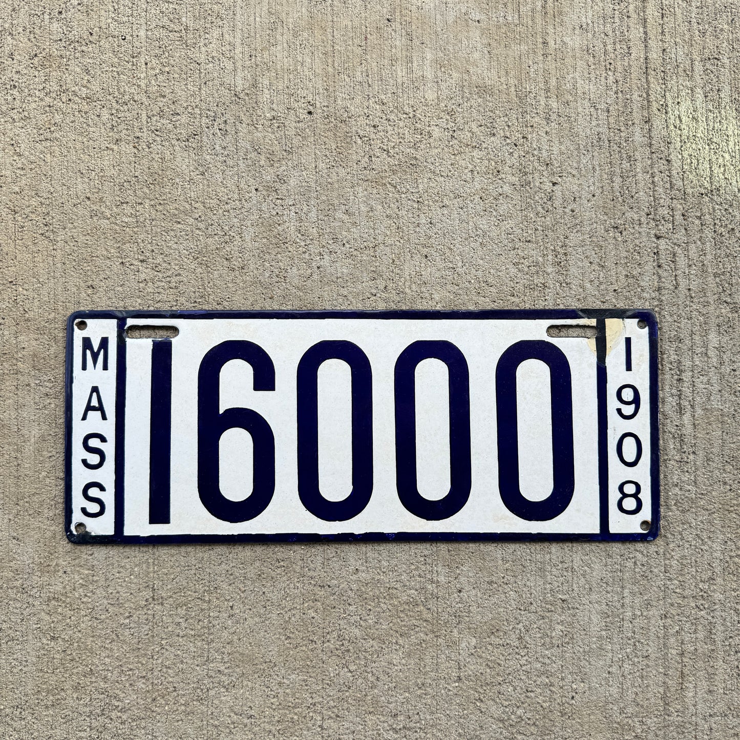 1908 Massachusetts Porcelain License Plate with Great Number 16000