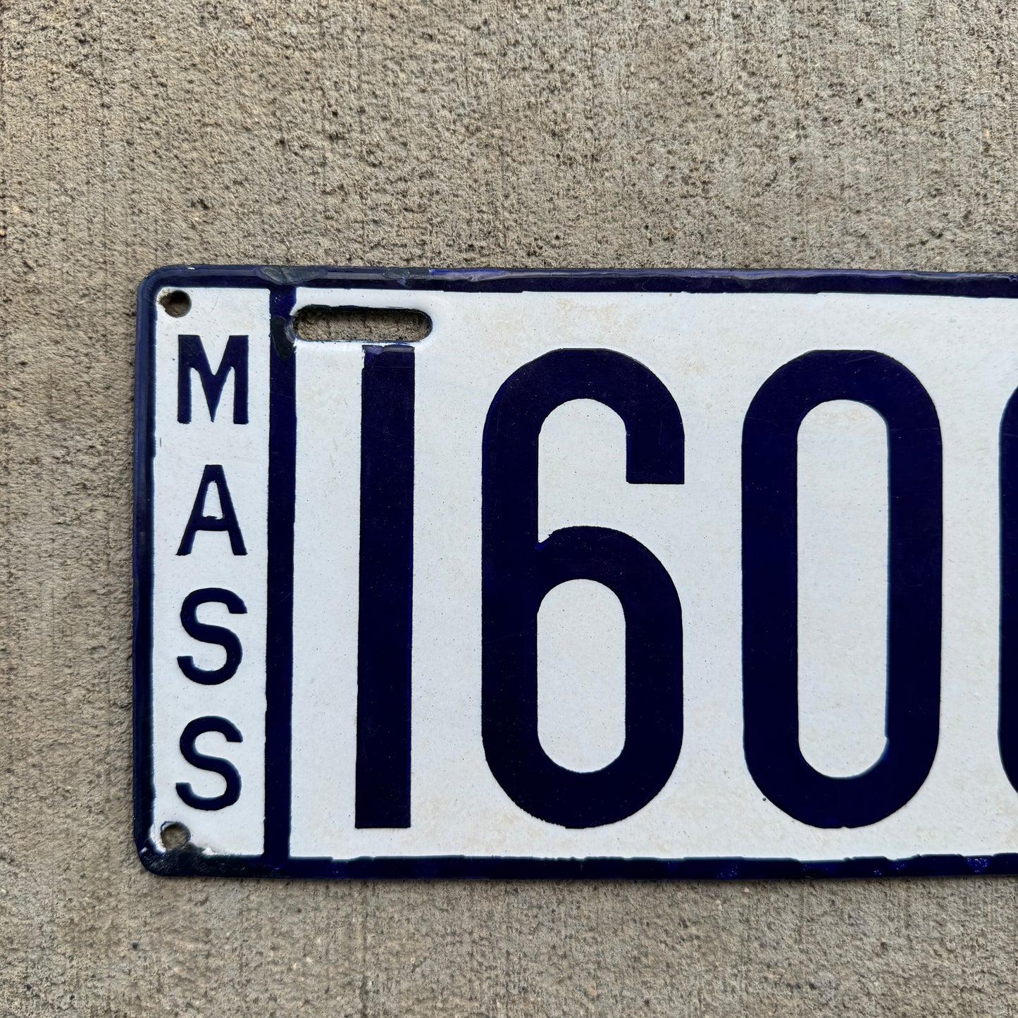 1908 Massachusetts Porcelain License Plate with Great Number 16000