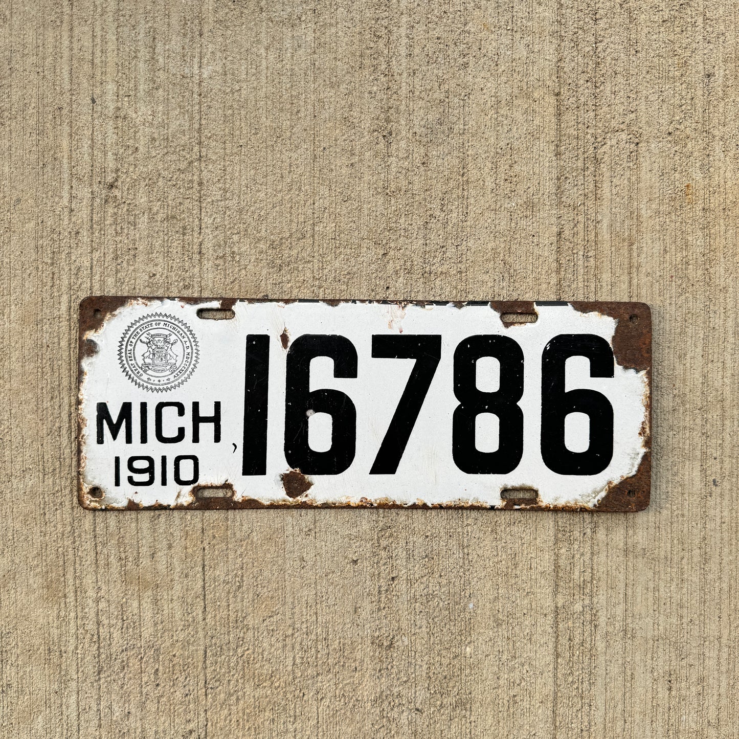 1910 Michigan Porcelain License Plate 16786 First Issue