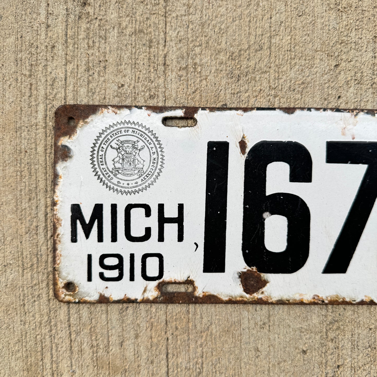 1910 Michigan Porcelain License Plate 16786 First Issue