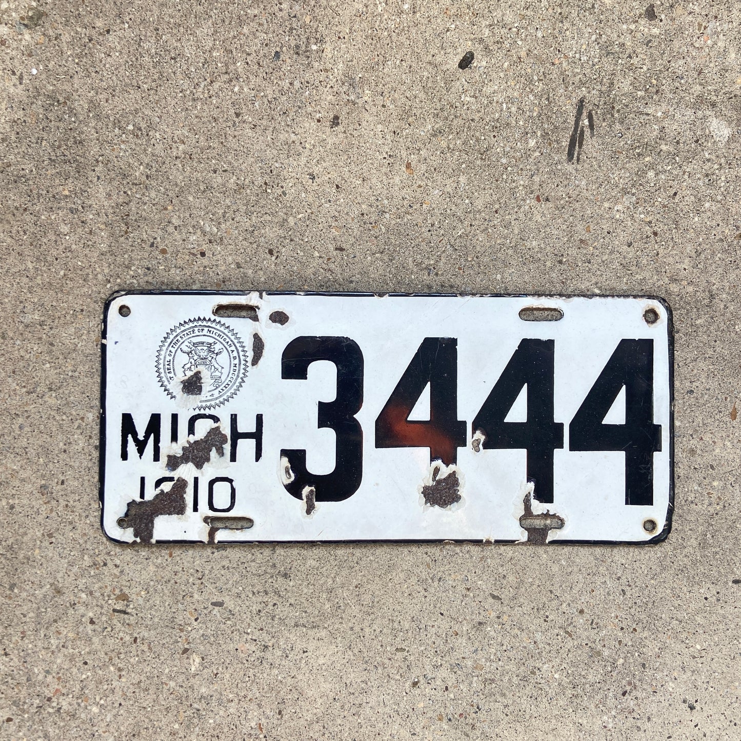 1910 Michigan Porcelain License Plate 3444 First Issue with Low Number