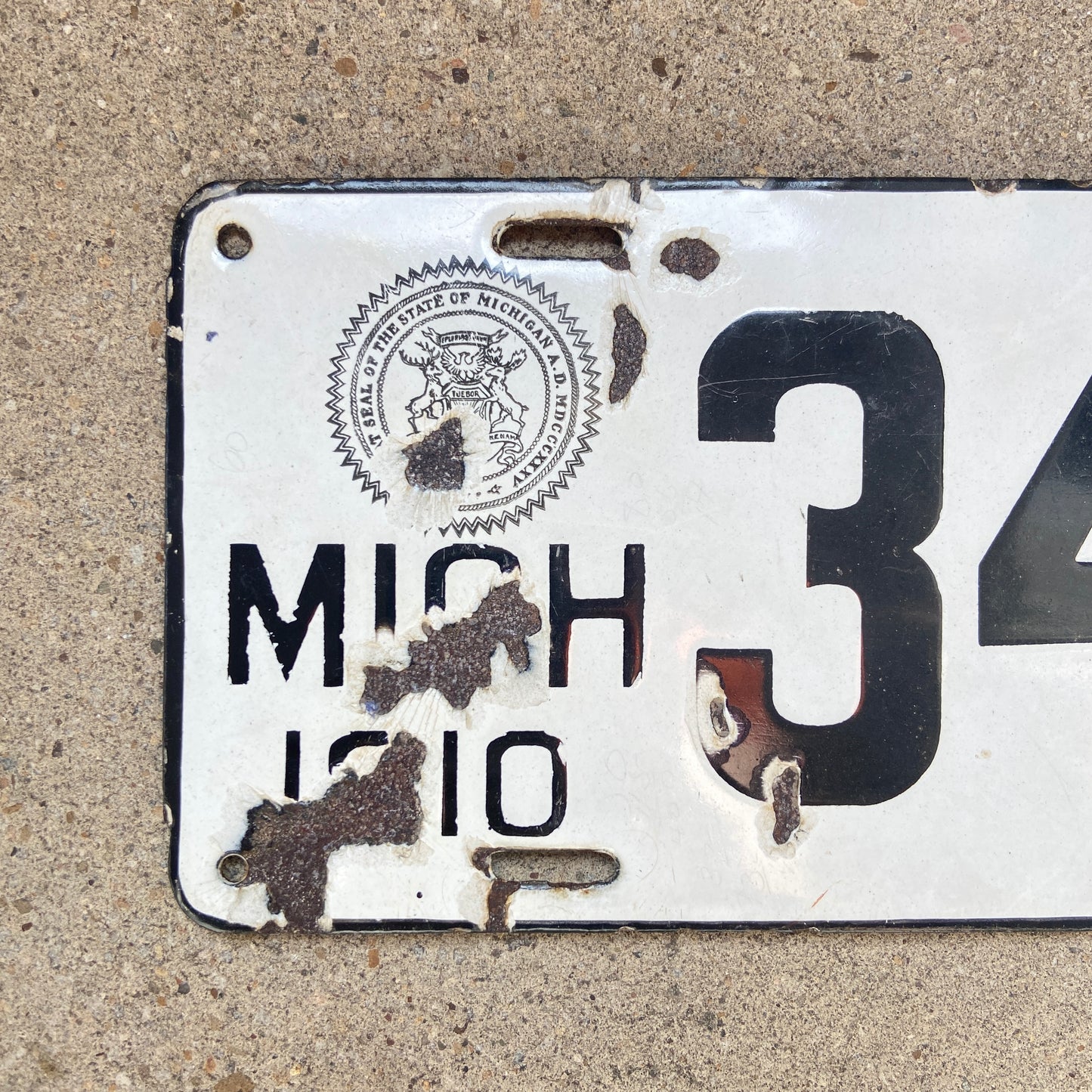 1910 Michigan Porcelain License Plate 3444 First Issue with Low Number