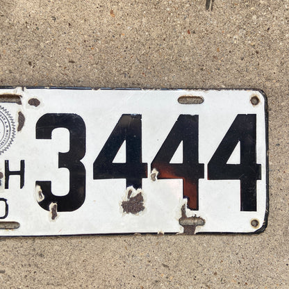 1910 Michigan Porcelain License Plate 3444 First Issue with Low Number