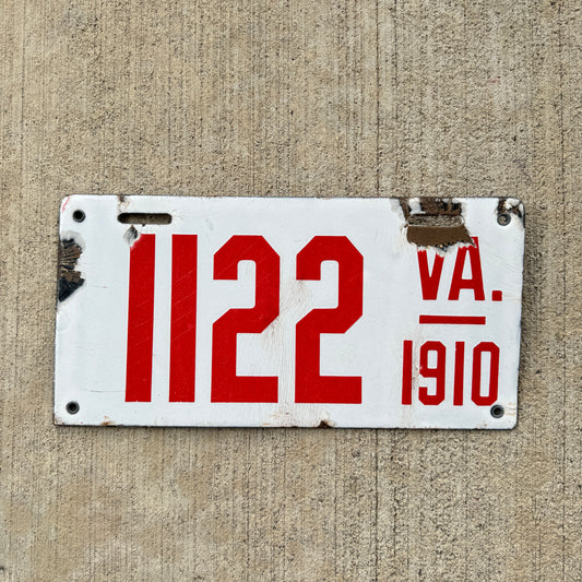 1910 Virginia Porcelain License Plate 1122 High Quality