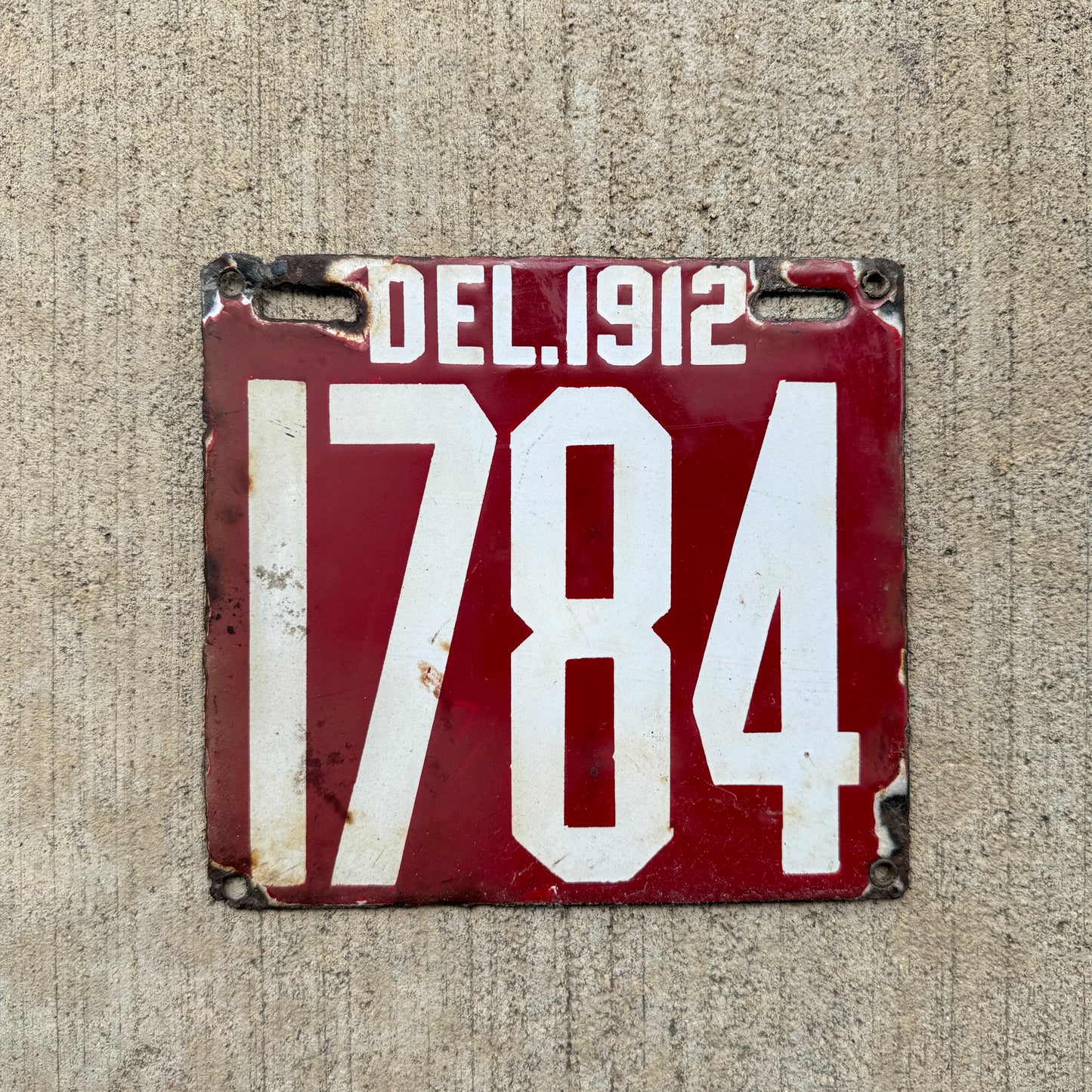 1912 Delaware Porcelain License Plate 1784 Red White Auto History