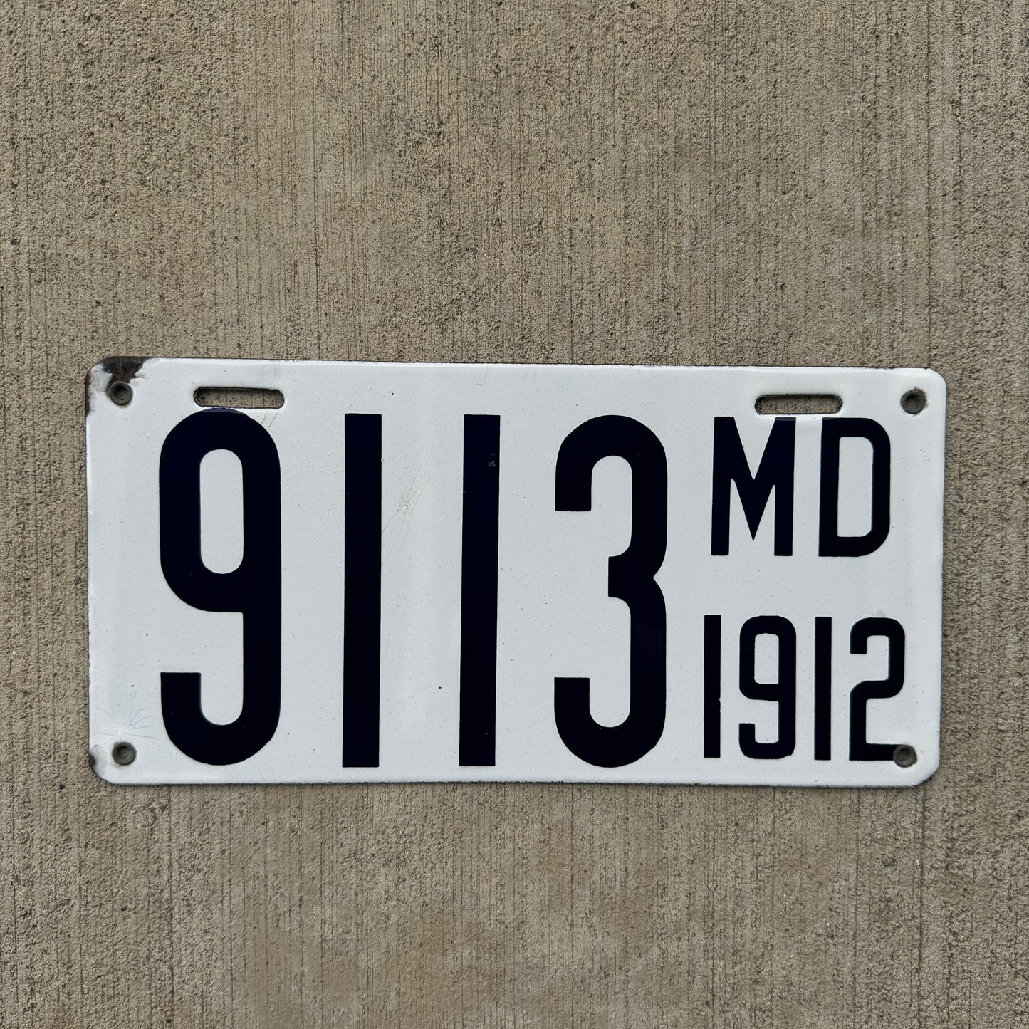 1912 Maryland Porcelain License Plate 9113 Early Automotive Decor