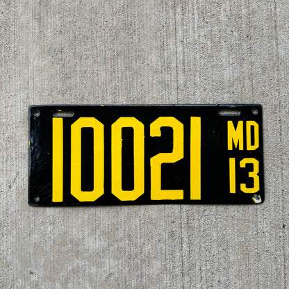 1913 Maryland Porcelain License Plate 10021 Early Automotive Decor