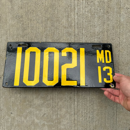 1913 Maryland Porcelain License Plate 10021 Early Automotive Decor