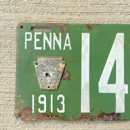 1913 Pennsylvania Porcelain License Plate Vintage Green Auto Wall Decor 14476