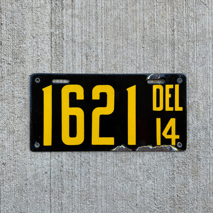 1914 Delaware Porcelain License Plate Original Condition Auto Garage 1621