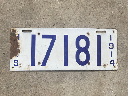 1914 Massachusetts Porcelain License Plate Vintage White Car Wall Decor