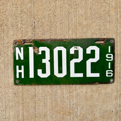 1916 New Hampshire Porcelain License Plate 13022 Reused for 1917 17514