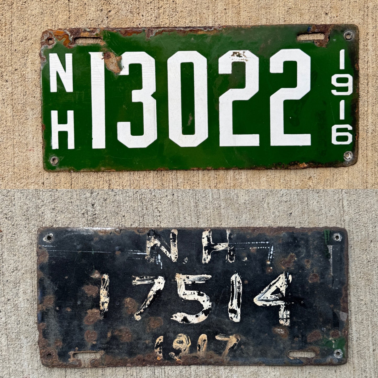 1916 New Hampshire Porcelain License Plate 13022 Reused for 1917 17514