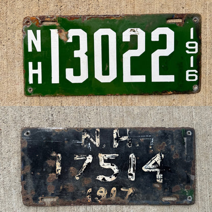 1916 New Hampshire Porcelain License Plate 13022 Reused for 1917 17514