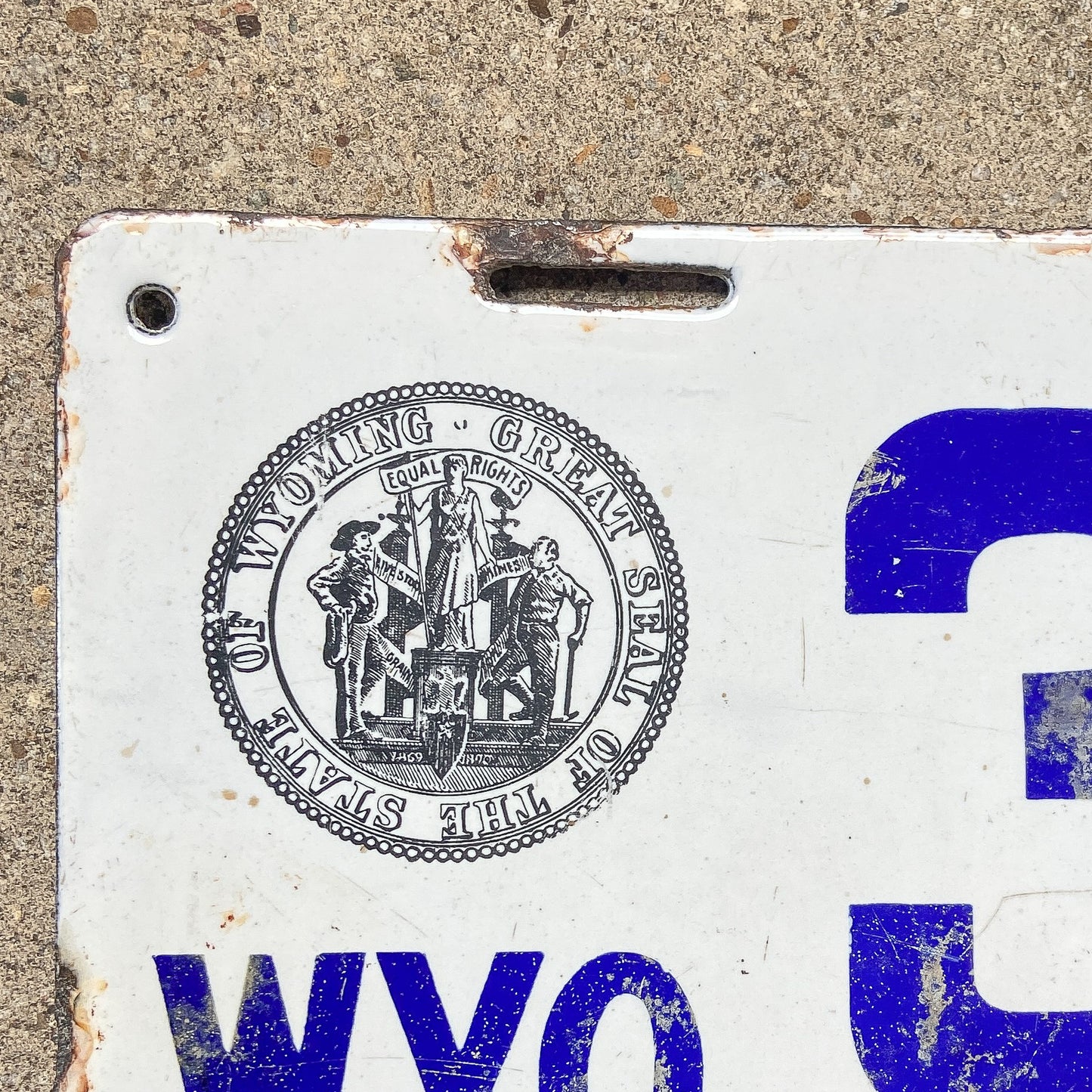 1916 Wyoming Porcelain License Plate 3038 White Blue Garage Decor