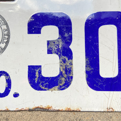 1916 Wyoming Porcelain License Plate 3038 White Blue Garage Decor