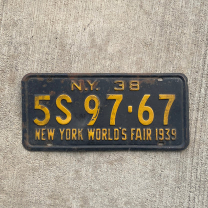 1938 New York License Plate 1939 World's Fair Wall Decor 5S9767