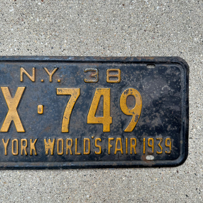 1938 New York License Plate 1939 World's Fair Wall Decor X 749