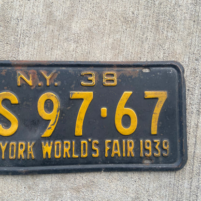 1938 New York License Plate 1939 World's Fair Wall Decor 5S9767