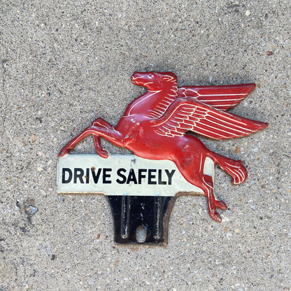 1950s Mobil Pegasus License Plate Topper Drive Safely