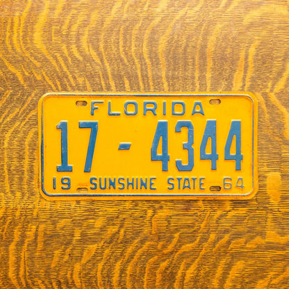 1964 Florida License Plate Orange Blue Vintage 17-4344 DMV Clear YOM