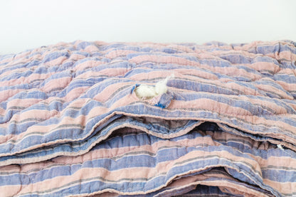 Brown and Blue Chambray Quilt Vintage Camping Blanket