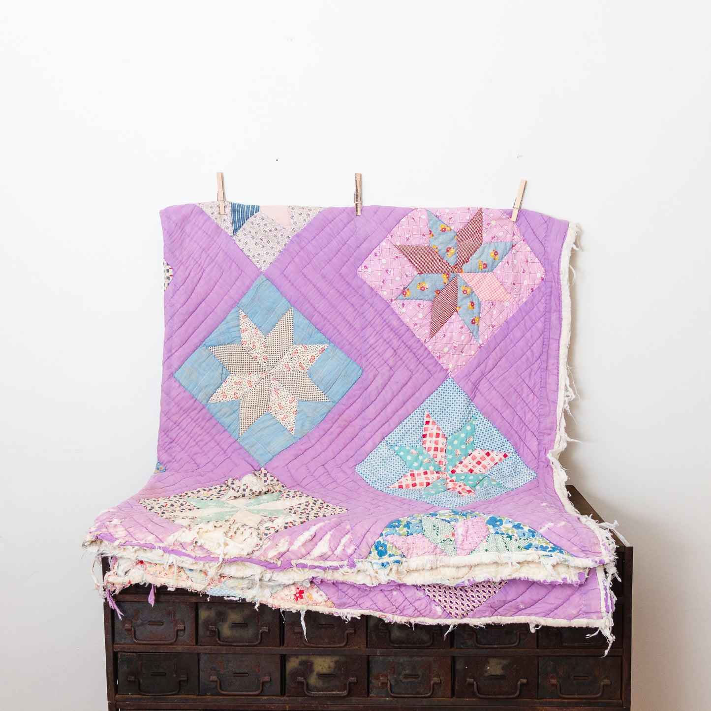 Eight Point Star Hand Stitched Quilt Vintage Purple Patchwork Farmhouse Decor - Eagle's Eye Finds