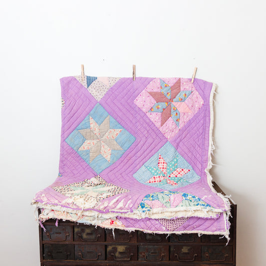 Eight Point Star Hand Stitched Quilt Vintage Purple Patchwork Farmhouse Decor - Eagle's Eye Finds