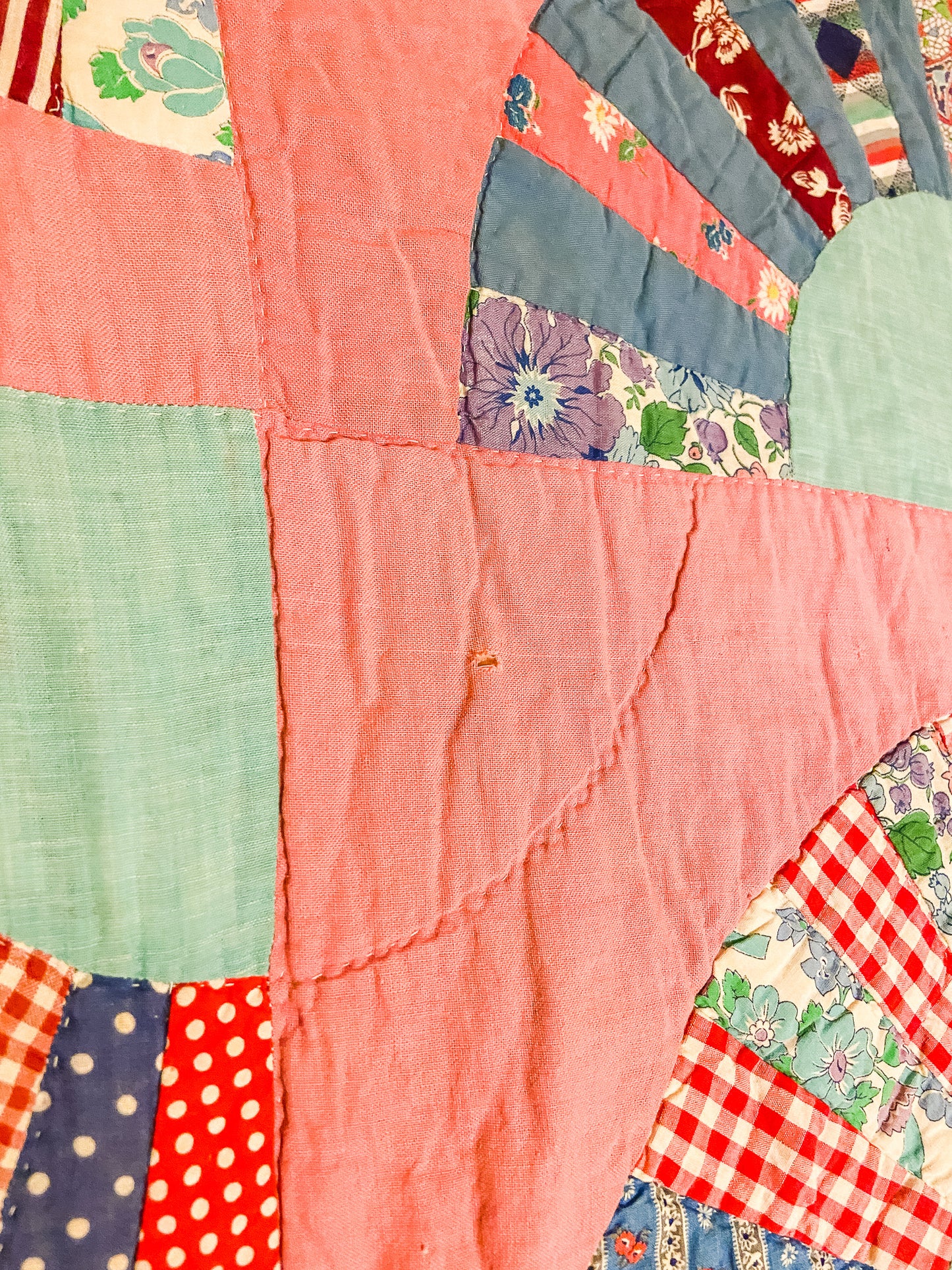 Grandmother's Fan Hand Stitched Quilt Top Vintage Pink Farmhouse Decor