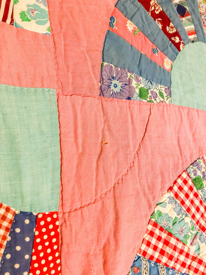 Grandmother's Fan Hand Stitched Quilt Top Vintage Pink Farmhouse Decor