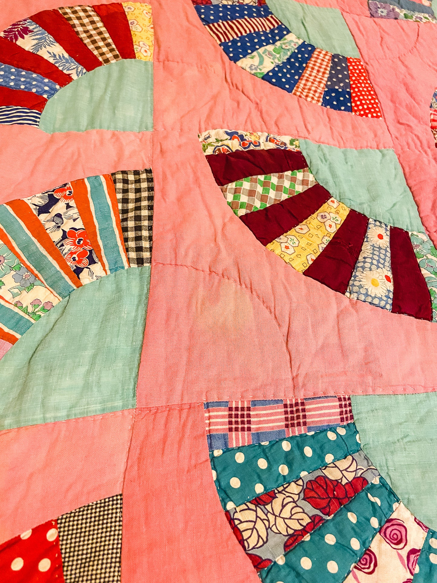 Grandmother's Fan Hand Stitched Quilt Top Vintage Pink Farmhouse Decor