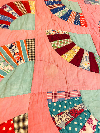 Grandmother's Fan Hand Stitched Quilt Top Vintage Pink Farmhouse Decor