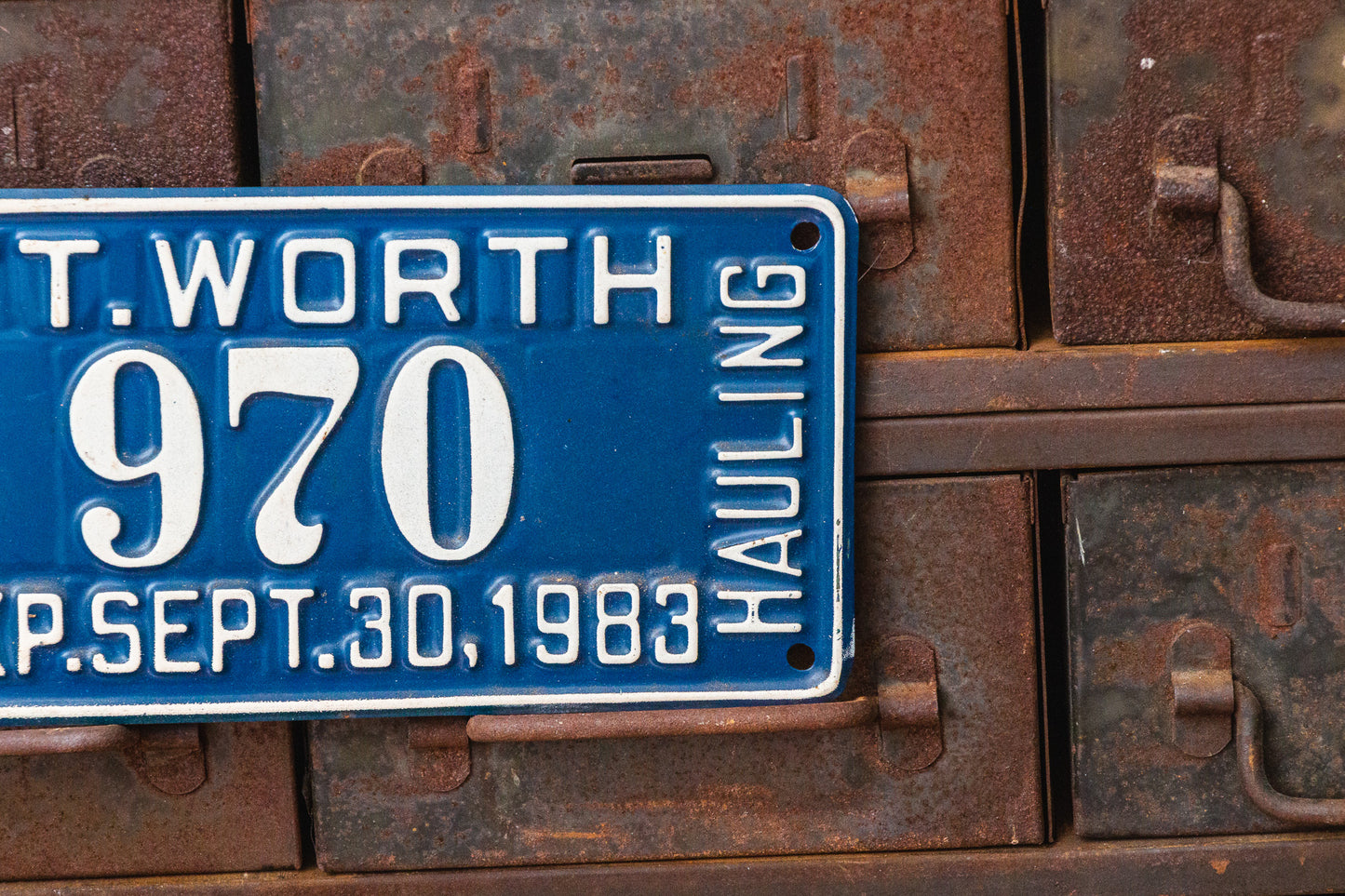 Ft. Worth Texas 1983 License Plate Vintage Blue and White Waste Hauling Tag - Eagle's Eye Finds