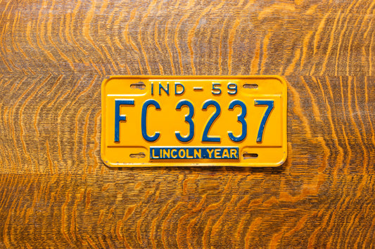 1959 Indiana License Plate Vintage Yellow Wall Decor Lincoln Year