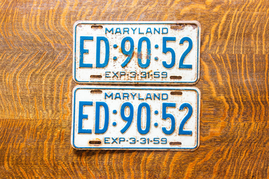 1959 Maryland License Plate Pair ED-90-52 YOM DMV Clear