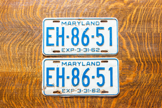 1962 Maryland License Plate Pair EH-86-51 YOM DMV Clear