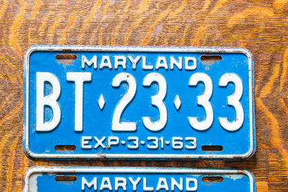 1963 Maryland License Plate Pair BT-23-33 YOM DMV Clear 333