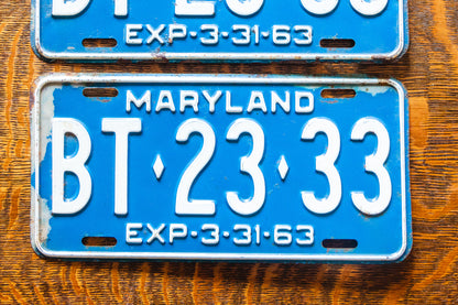 1963 Maryland License Plate Pair BT-23-33 YOM DMV Clear 333