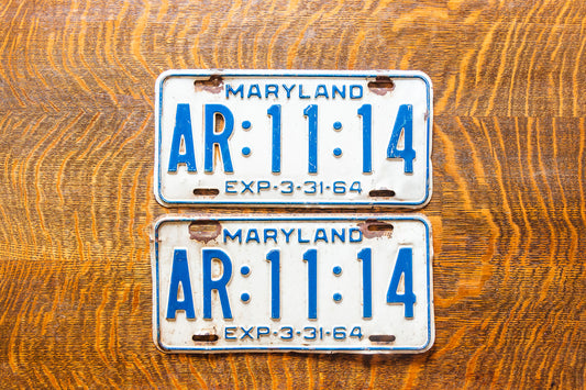 1964 Maryland License Plate Pair AR-11-14 YOM DMV Clear 111