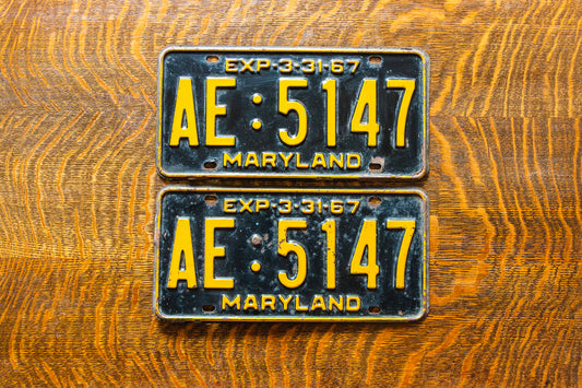 1967 Maryland License Plate Pair AE-5147 YOM DMV Clear