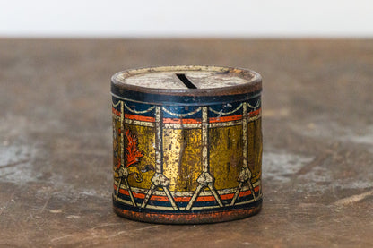 Tin Litho Drum Bank Vintage Toy Coin Piggy Bank