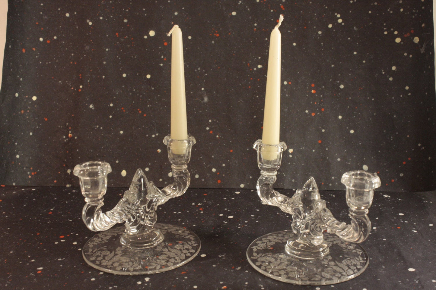 New Martinsville Teardrop Candlestick Holders Vintage Meadow Wreath Floral Etched Glass - Eagle's Eye Finds