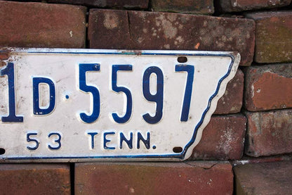 1953 Tennessee License Plate State Shaped Vintage White and Blue - Eagle's Eye Finds