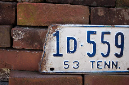 1953 Tennessee License Plate State Shaped Vintage White and Blue - Eagle's Eye Finds