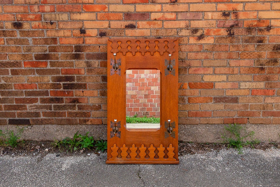 Oak Hall Mirror Hat Rack 1920's Vintage Wood Entryway Furniture - Eagle's Eye Finds