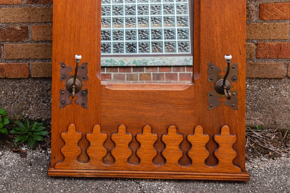 Oak Hall Mirror Hat Rack 1920's Vintage Wood Entryway Furniture - Eagle's Eye Finds