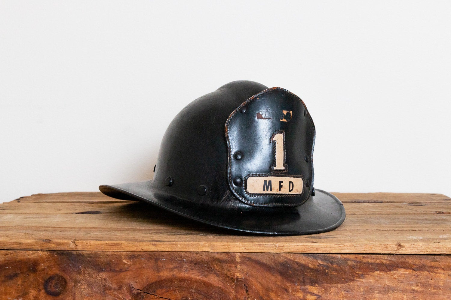 Phenolic Firefighter Helmet with Leather Badge Number 1 MFD - Eagle's Eye Finds