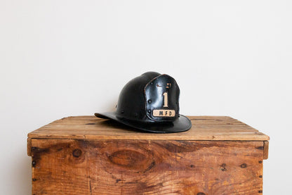 Phenolic Firefighter Helmet with Leather Badge Number 1 MFD - Eagle's Eye Finds