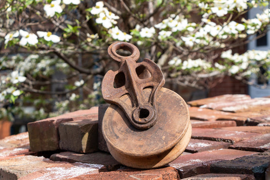 Vintage Cast Iron Pulley Farmhouse Rustic Wood and Metal Decor - Eagle's Eye Finds