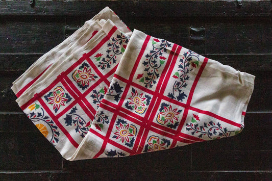 1950's Cotton Tablecloth, Vintage Red White Blue Floral Print, Cottage Kitchen Decor, Rectangle  50 x 52 in - Eagle's Eye Finds